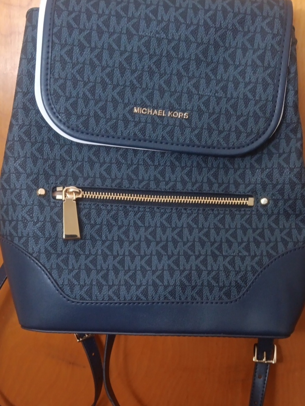 Michael Kors Navy MK Logo Backpack with Gold Hardware